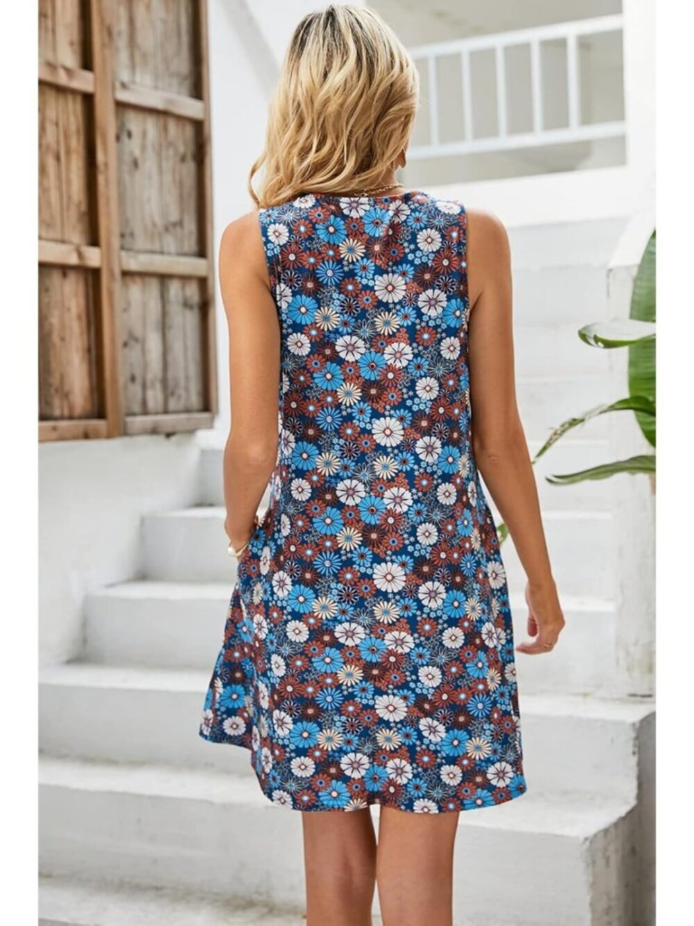 Women's Blue Floral Stylish T-shirt Sundress Casual Pockets Boho Tank Dress - Picture 4 of 6